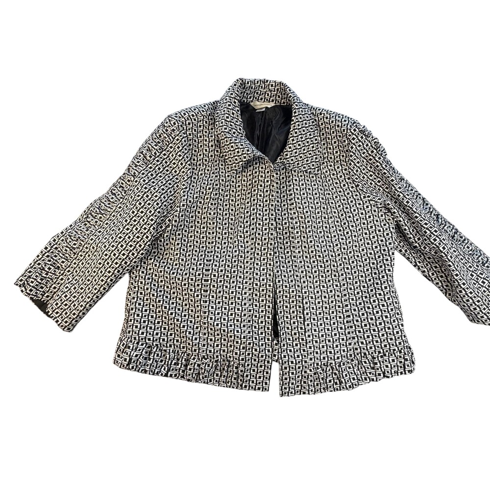 Christopher & Banks Jacket Womens XL White Black Geometric Ruffle Hem Collared